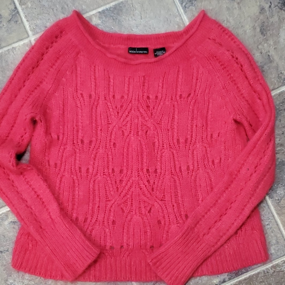Moda pink open knit nylon / rabbit  sweater sz s